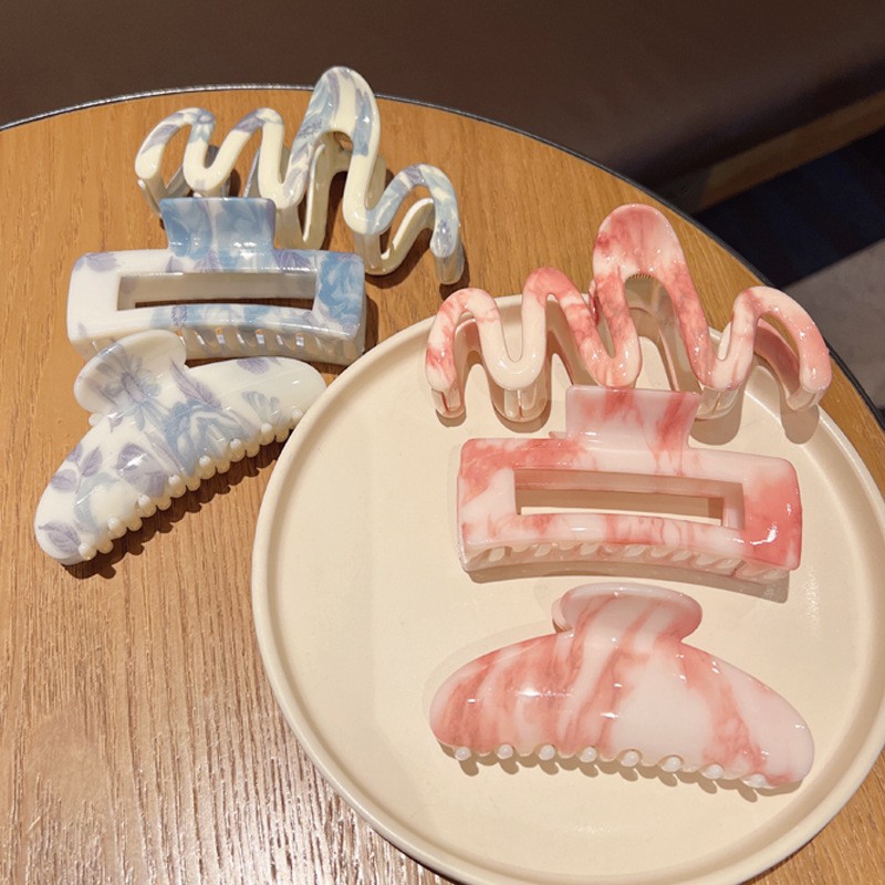 New Sweet Girl Large-Sized Hair Clip Chinese Style Ink Printing and Dyeing Square Wave Elegant Hair Shark Clip Hair Accessory