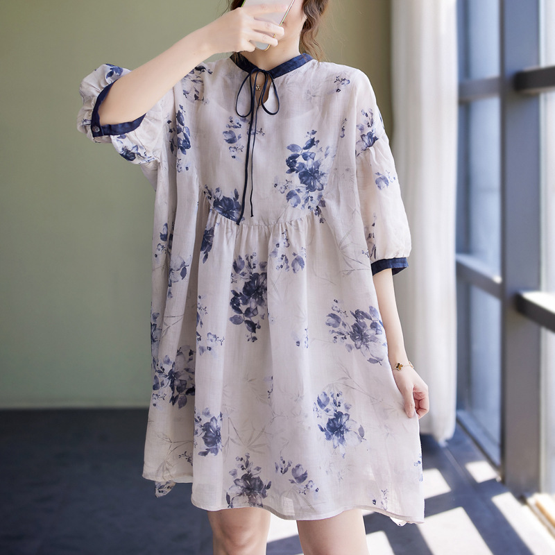 2024夏文艺复古森女上衣撞色系绳宽松显瘦减龄中长款印花衬衫