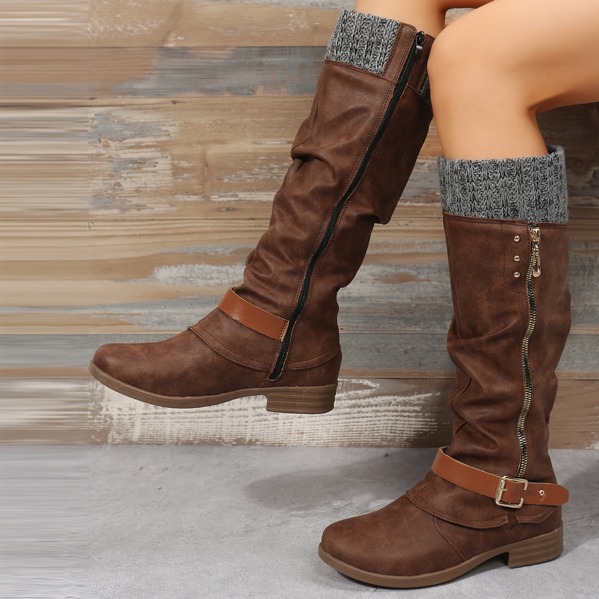 New chunky heel side zip stitching boots for women_voghion.com