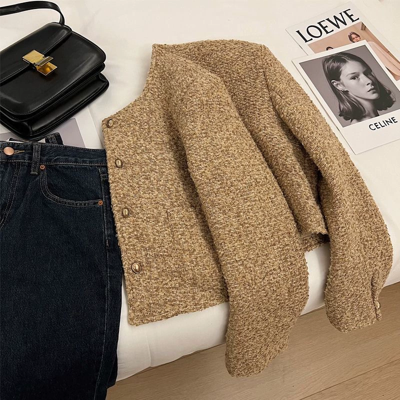 Короткий жакет (женский) — хаки, ретро в стиле Chanel, деми‑сезон, свободная посадка