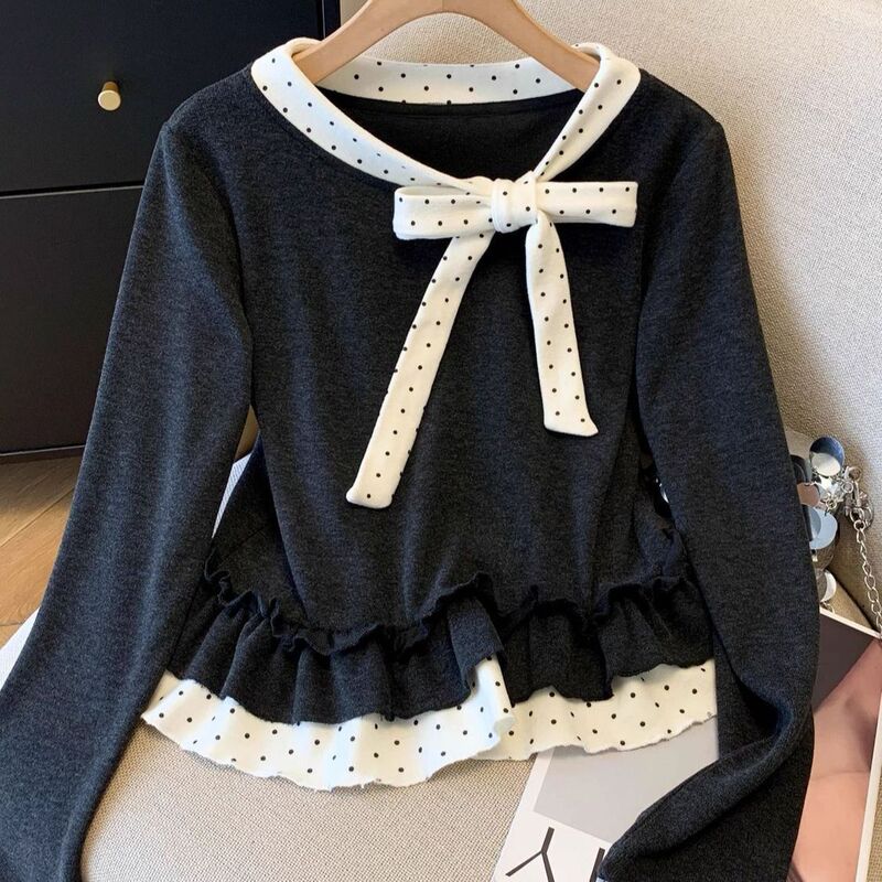 Chanel-Style Retro Polka Dot Blouse for Women, Autumn and Winter Sweet Youthful Two-Piece Doll Shirt Top