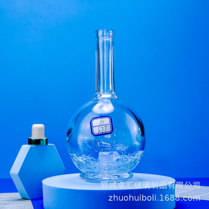 源头厂家供应500ml玻璃瓶 定做圆球形长颈平口透明白酒瓶高分子塞