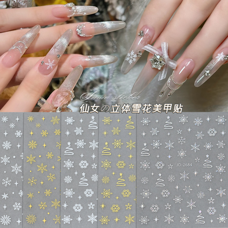 White Snowflake Christmas Nail Art Stickers Winter New Year Flash Gold Laser Silver Strap Glue Nail Decal