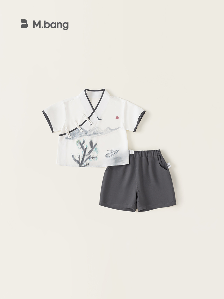 Bangchoan ropa infantil para niños, traje de verano, chaqueta de estilo nacional, pantalones cortos de mangas cortas, ropa infantil de dos piezas