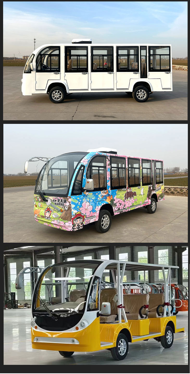 Electric sightseeing vehicle for scenic area and park tours, factory visits, real estate showings, and shuttle service