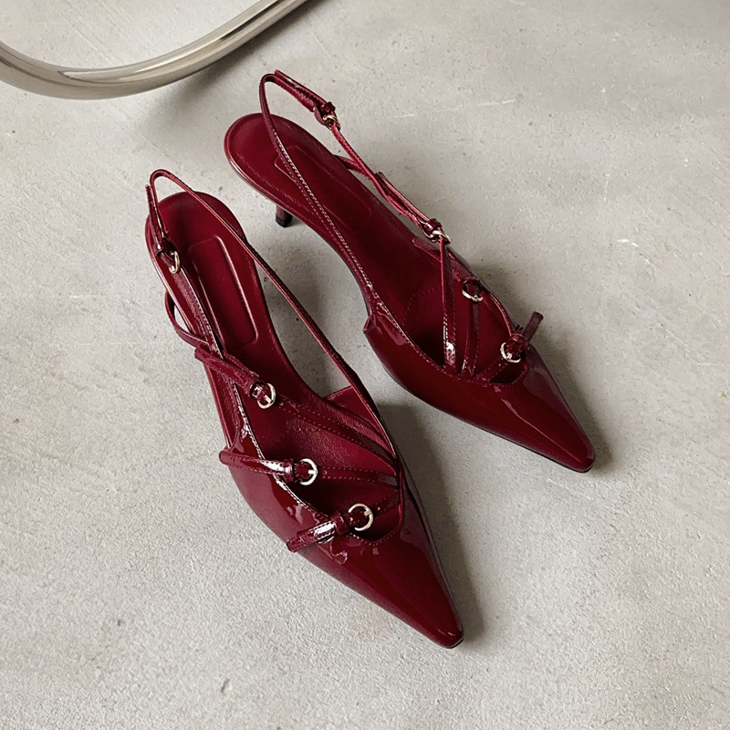 High-Quality, Unbranded Version Made in Dongguan~Miu Style Pointed-Toe Thin-Strap High-Heeled Sandals with Back Strap, Slip-On Design, Queenly Elegance