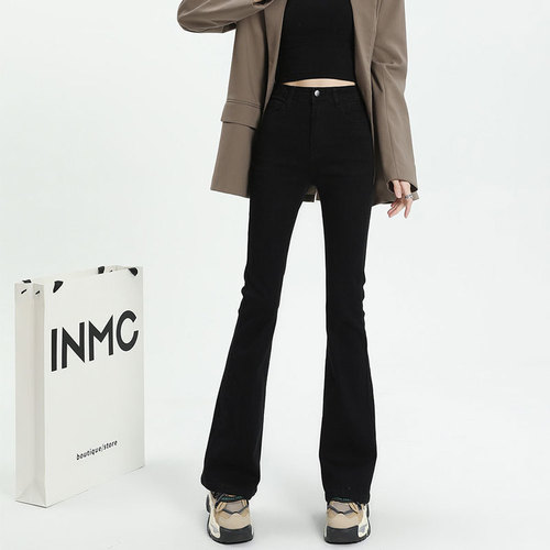 Black mini-jeans for women, spring outfit, petite size, tight high-waisted elastic Mary Jane pants, spicy style, straight leg flare pants
