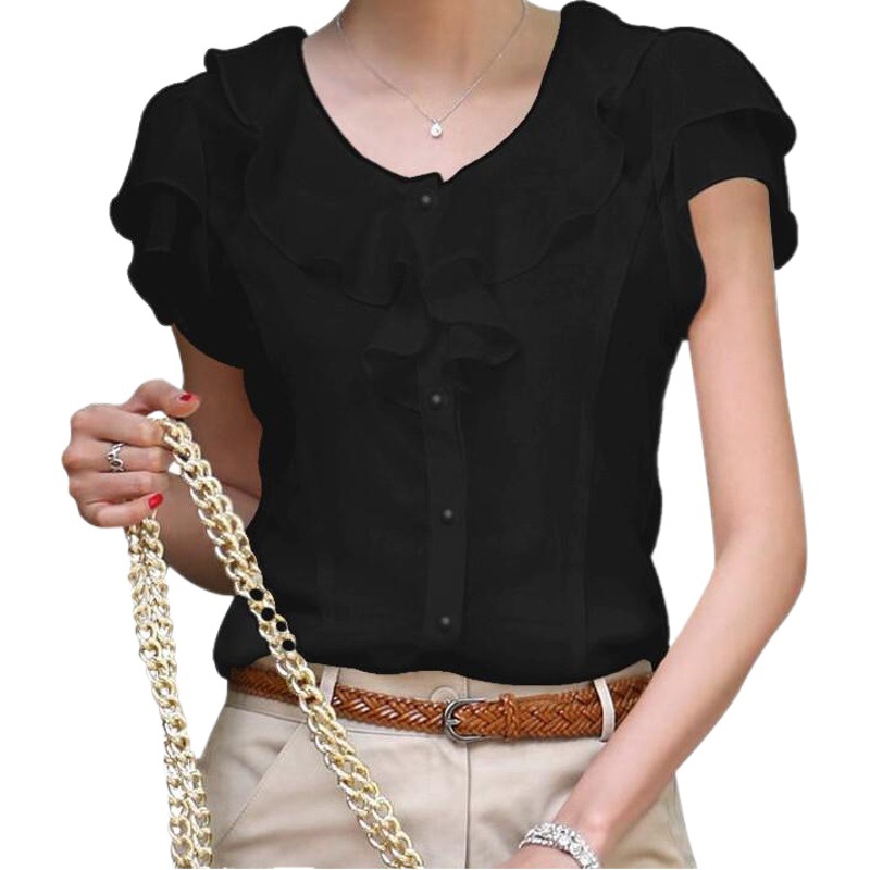 Verano nuevo estilo coreano hoja de loto encaje camisa blanca ropa de negocios de manga corta para mujer delgada Camisa de gasa de fondo adelgazante