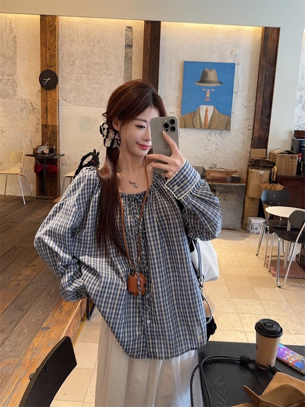 复古抽绳蕾丝花边格子衬衫女早秋季设计感宽松慵懒风长袖上衣衬衣|undefined