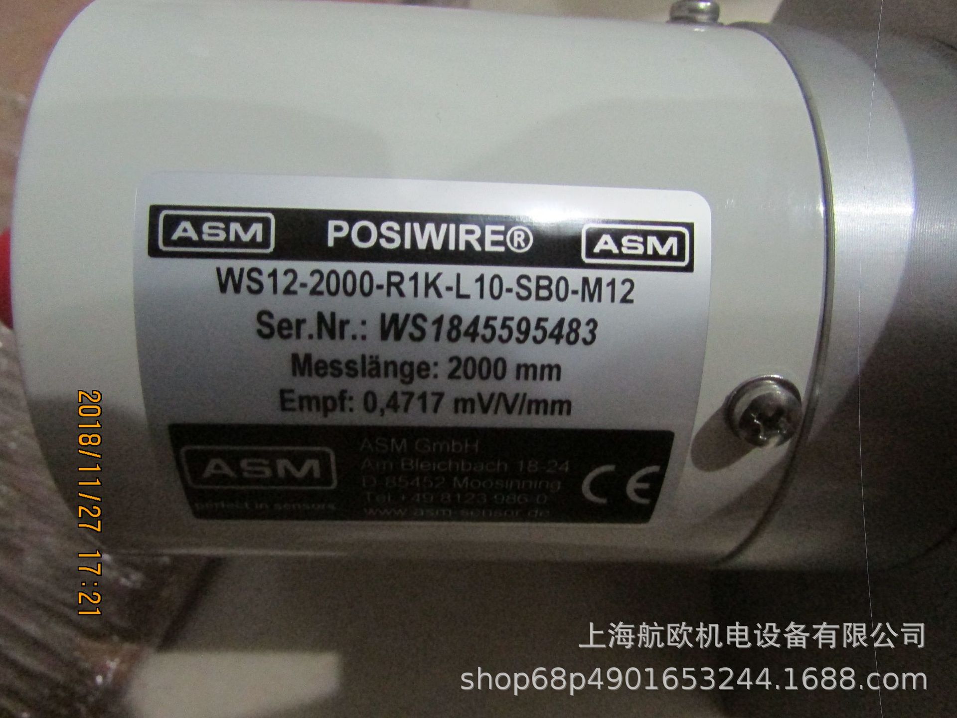 ASM传感器WS12-2000-R1K-L10，WS-CONN-017S-M，CONN-DIN-8F-W