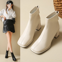 法式高跟短靴女2025年秋冬新款白色法式单靴粗跟踝靴瘦瘦短筒靴子