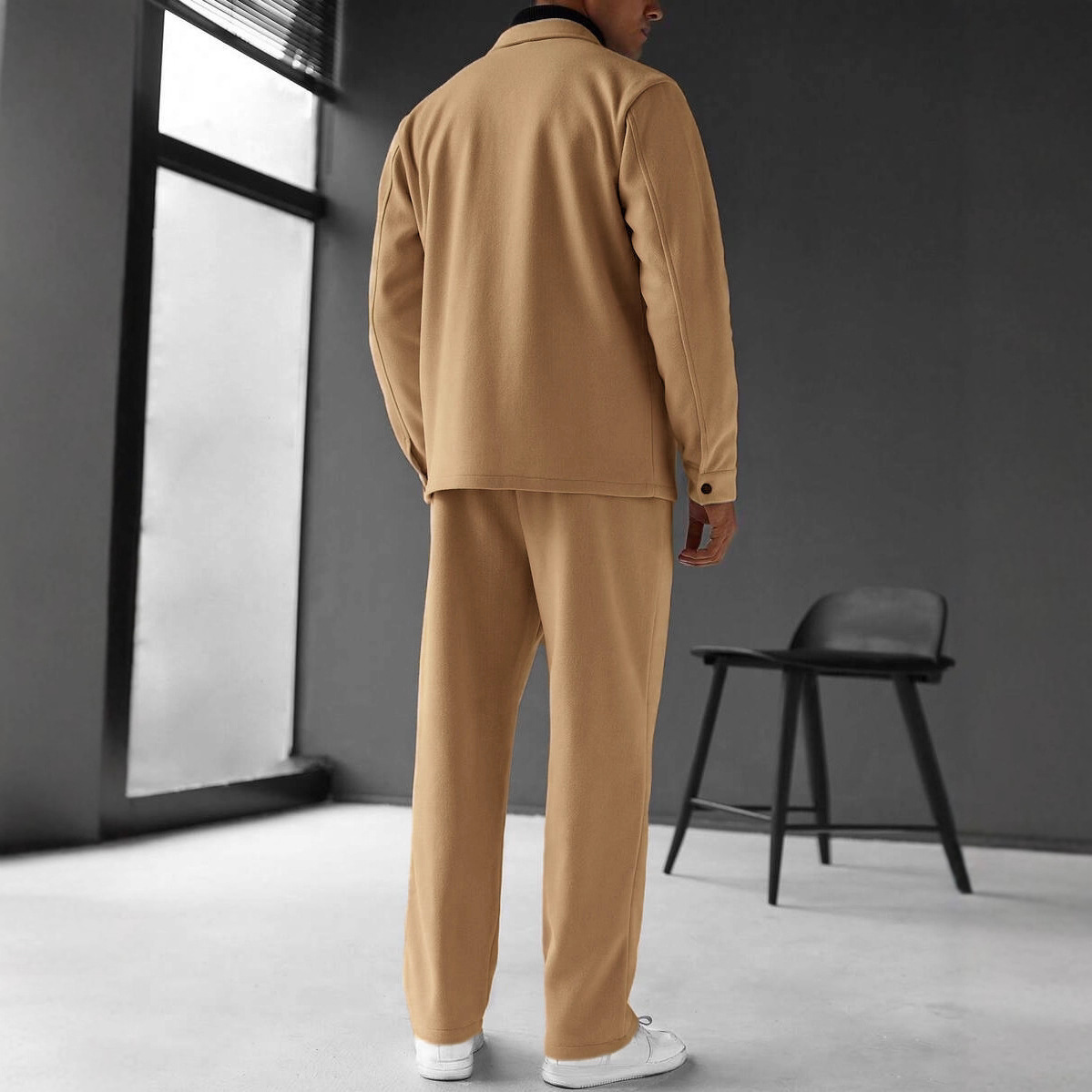 Transfronterizos Europa y Estados Unidos otoño y invierno moda cardigan con solapa chaqueta de viaje de cuello blanco traje de estilo suelto pantalones largos manga larga hombre