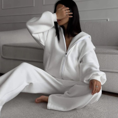 时尚欧美ins风女装休闲长袖连帽运动开衫长裤两件套春秋纯色女装