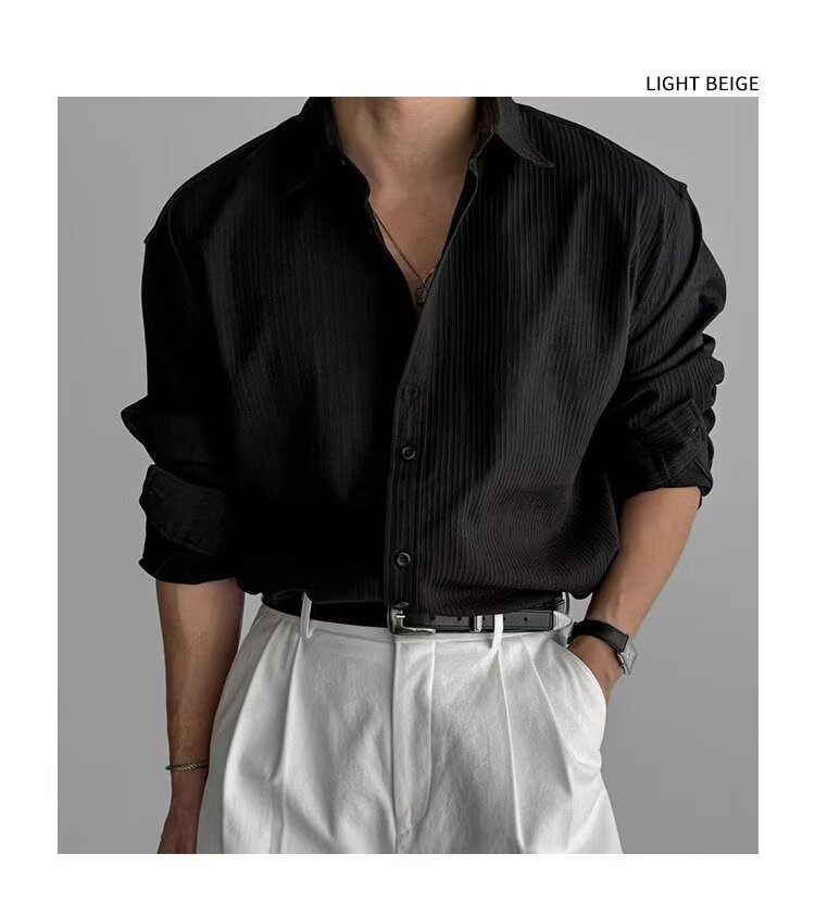 British Lapel Pit Strip Texture Long-sleeved Shirt Men's Casual Business Shirt Drape Light Ripe Style Versatile Top_viptrois.com