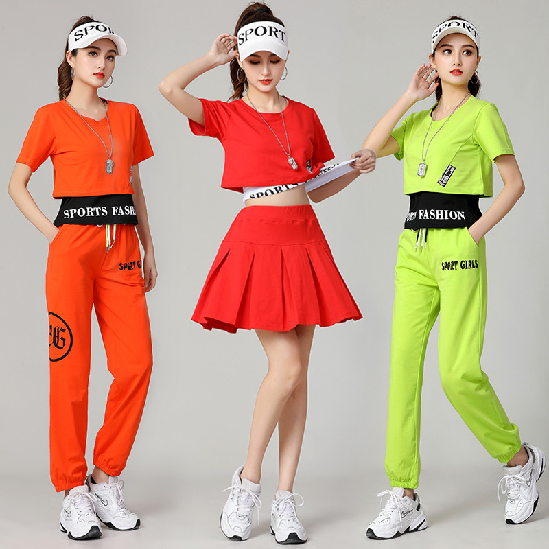 New 2022 Spring Square Dance Ghost Step Dance Sportswear Set for Women, Short Sleeve 3-Piece Cotton Casual Outfit