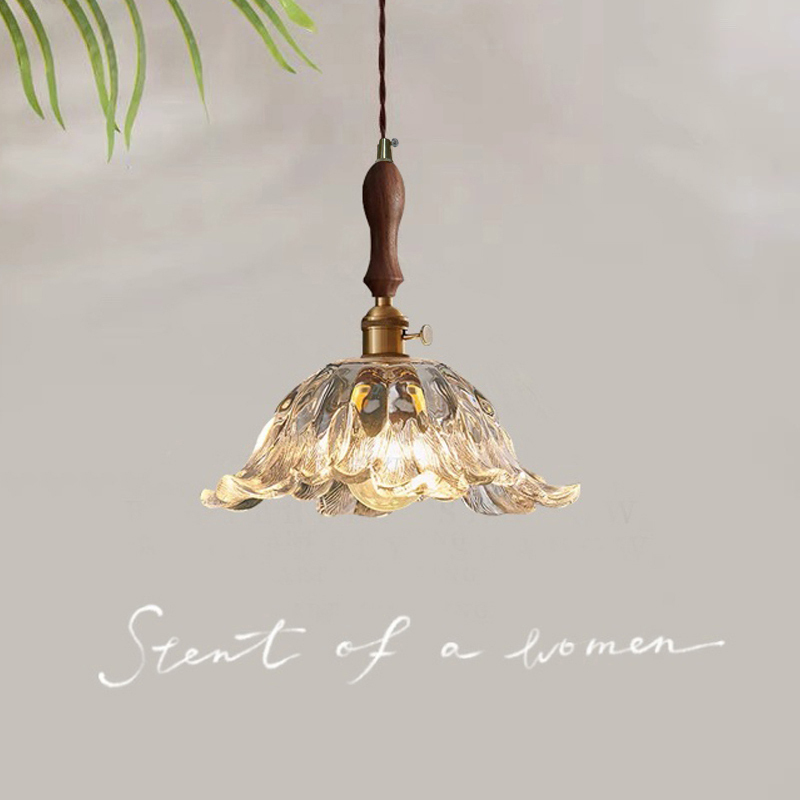 French-Style Walnut Flower Glass Pendant Light, Japanese Retro Trendy Restaurant Bar Brass Lamp, Homestay Bedside Lighting