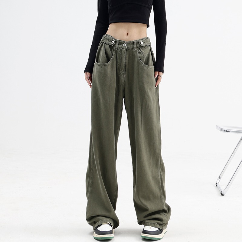 American Style Vintage Vibe Pants Ins High Street Trendy Brand Army Green Jeans Men's Loose Straight Japanese Overalls