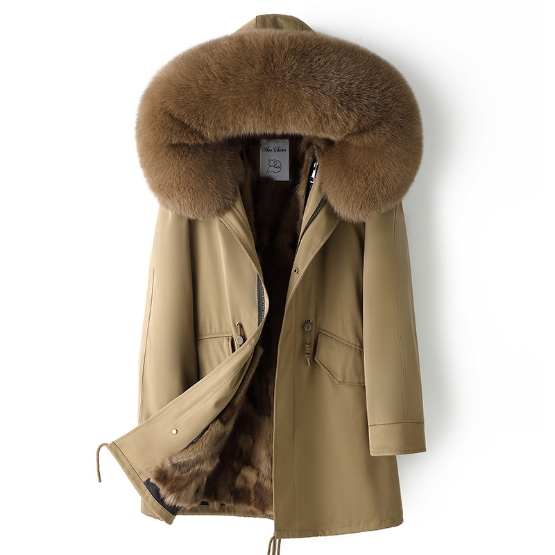 중간 길이의 카키색 쉘 카키색 여우 모피 라이너