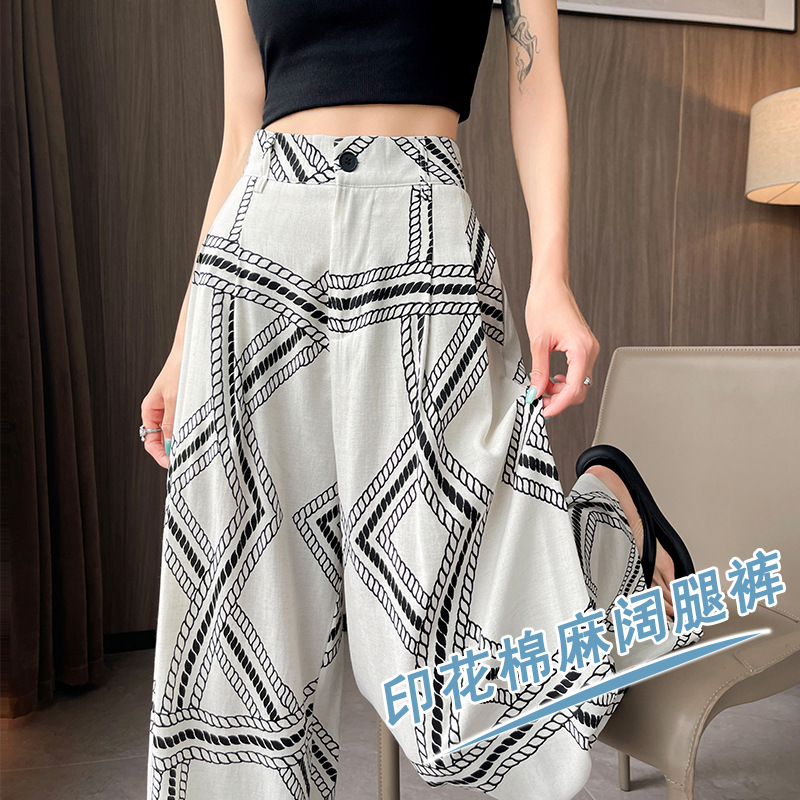 老钱风松弛感棉麻印花阔腿裤女夏季薄款慵懒复古休闲拖地长裤新款