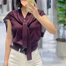 欧货欧洲站高级精品2025春夏新款时尚百搭V领条纹针织打底衫短袖