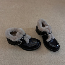 羊毛版~韩版保暖复古羊毛毛小皮鞋女百搭皮带扣增高粗跟单鞋女潮