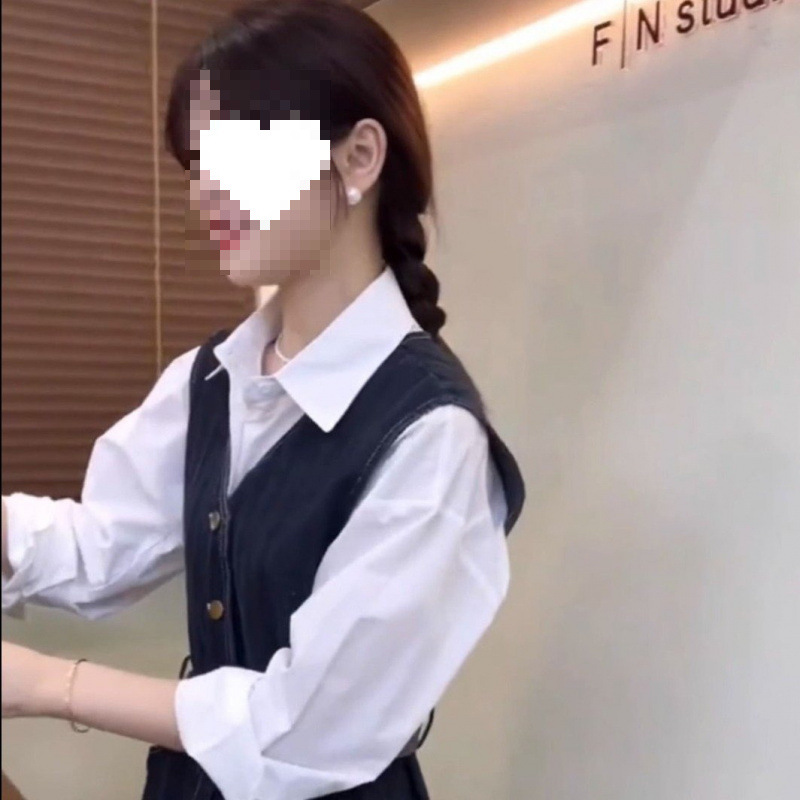 秋装法式洋气减龄白色衬衫蓝色牛仔背心连衣裙子两件套装女小个子|undefined