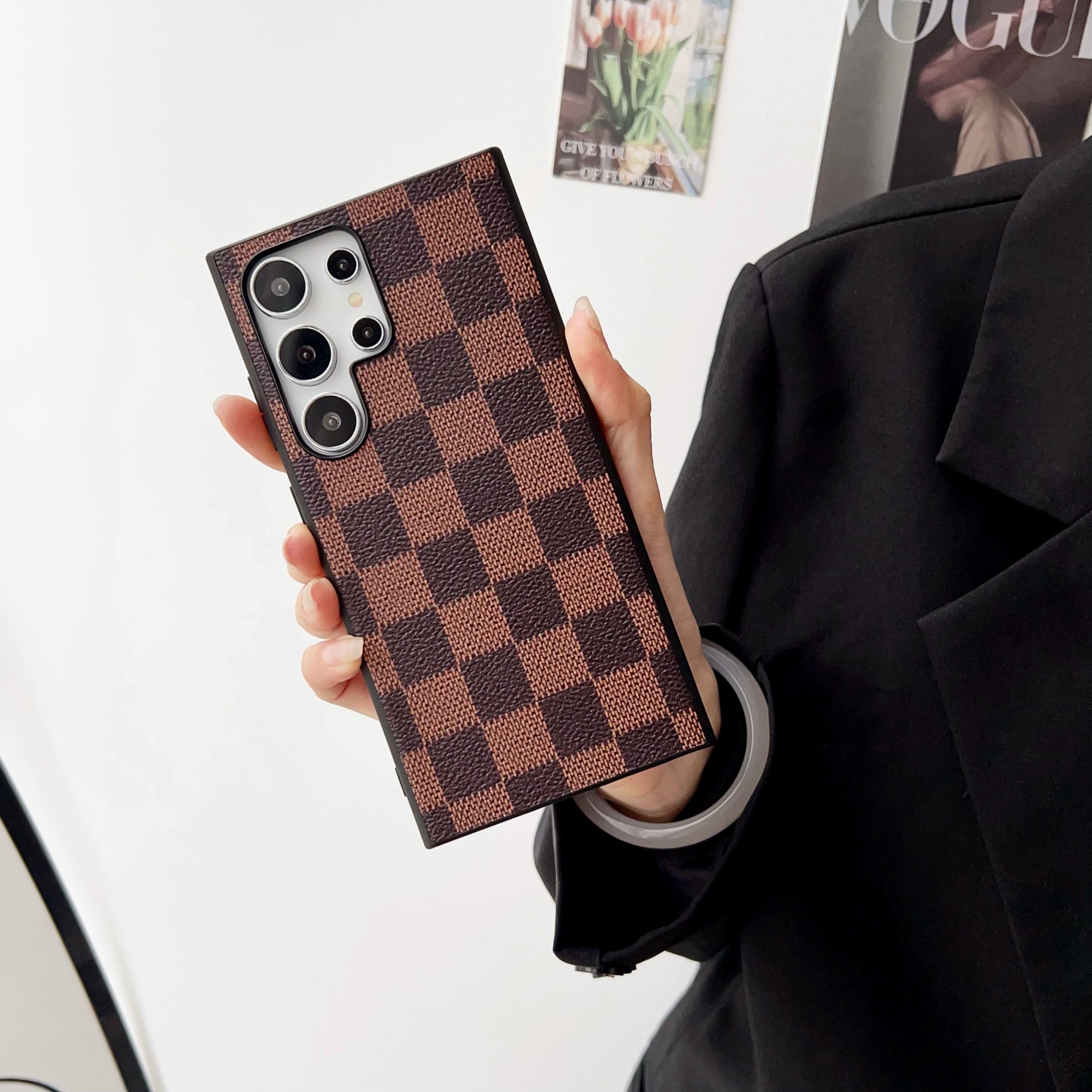 复古花纹适用三星S24ULTRA棋格纹S22ULTRA小花防摔S23U手机保护套