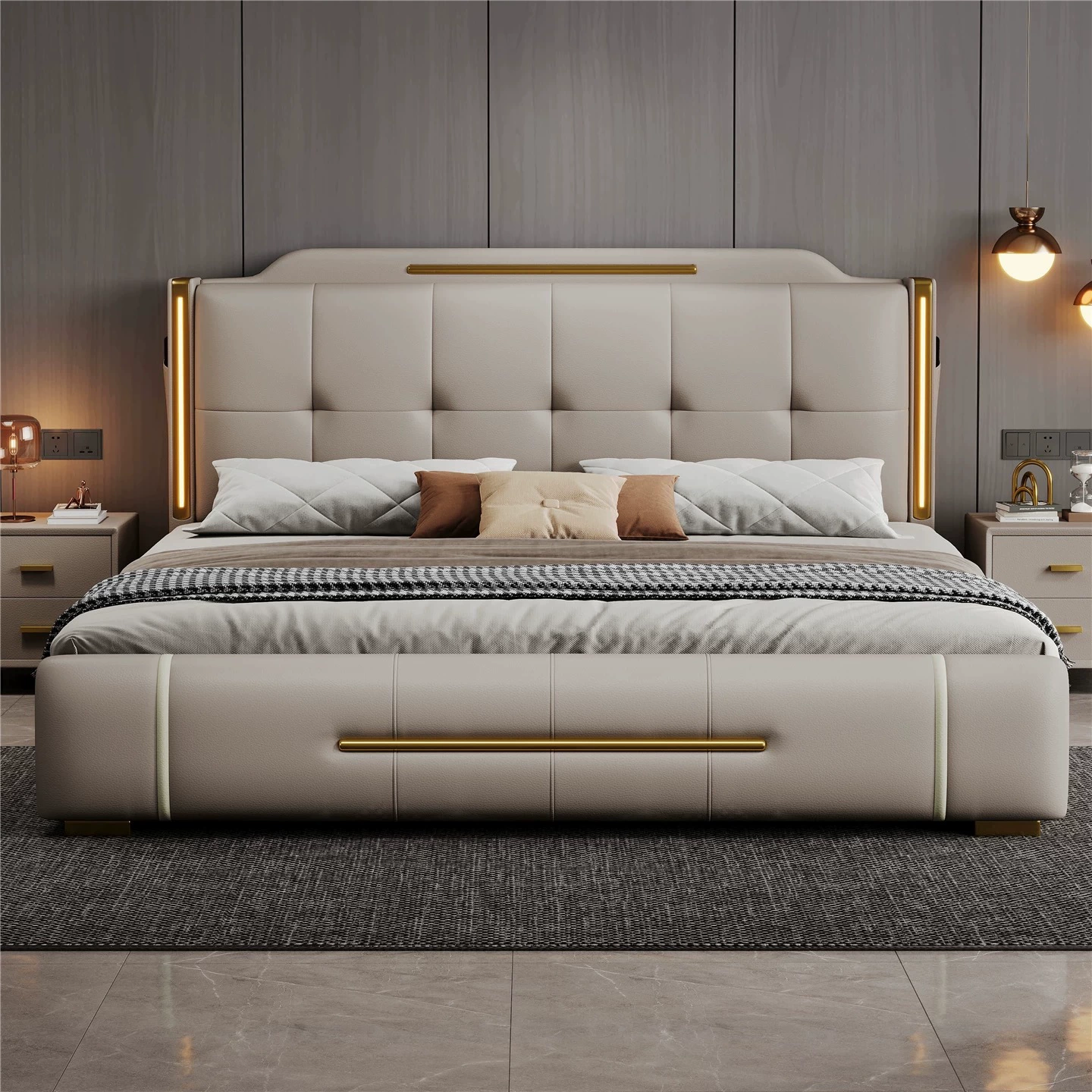 Легкая роскошная роскошная мягкая кровать высокого класса, 1.8m двуспальная кровать в главной спальне, 2m кровати для хранения, свадебная кровать, домашняя кожаная кровать из цельного дерева