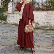 2024穆斯林女装阿拉伯风气质优雅百褶裙纯色圆领长袖褶皱连衣裙详情15
