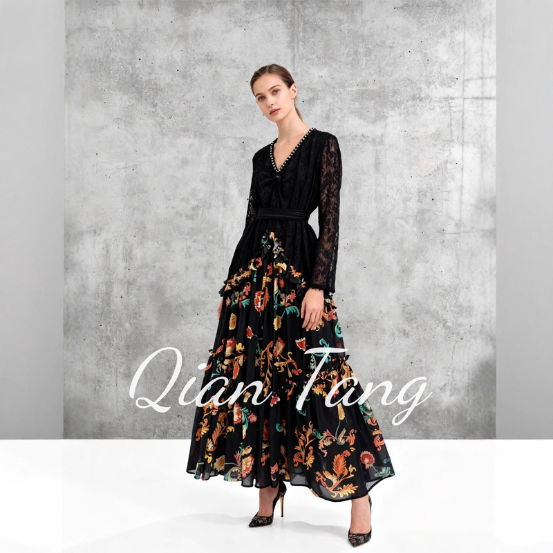 Spring and Autumn Women's Sweet Slim Waist Printed Splicing Dress Elegant French Print New Fashion New Floral