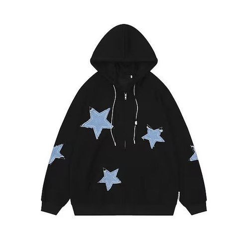  American Retro Patchwork Star Cardigan Sweatshirt for Men and Women Loose Oversize Trend Brand Ins Jacket