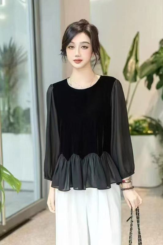 汉派品牌专柜2025秋季新款优雅名媛丝绒拼接木耳边钉珠长袖小衫09|undefined