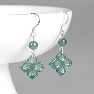 High-grade natural A goods jade blue water four-leaf clover earrings S925 silver ice jade stone fashion women's earrings earrings