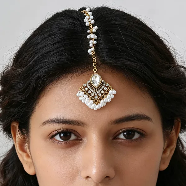 New cross-border bohemian beaded tassel forehead pendant, ethnic Indian style pearl water drop forehead ornament and hair accessory