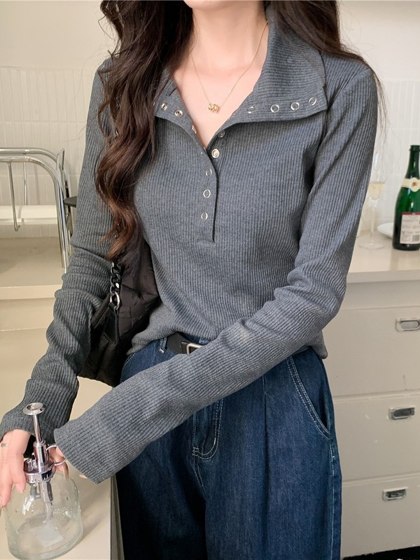 灰色polo领长袖t恤女早春设计感小众修身内搭打底衫正肩针织上衣|undefined