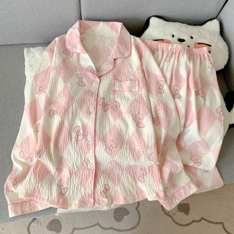 工厂直销云朵棉新款睡衣女长袖长裤开衫翻领卡通大码家居服套装|undefined