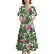 外贸跨境夏季女生大码长裙V领显瘦短袖连衣裙气质收腰百搭大摆裙