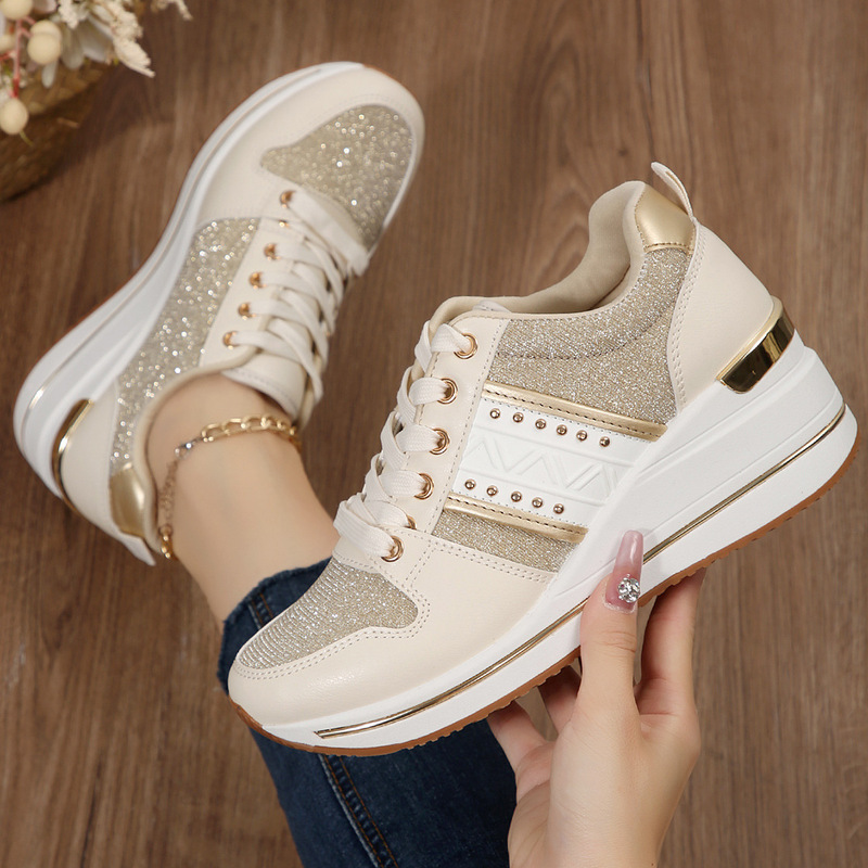 Women's Beige Platform Sneakers with Glitter and Gold Rivet Lace-Up Design Comfortable Casual Sports Shoes Women's Beige Platform Sneakers with Glitter and Gold Rivet Lace-Up Design Comfortable Casual Sports Shoes