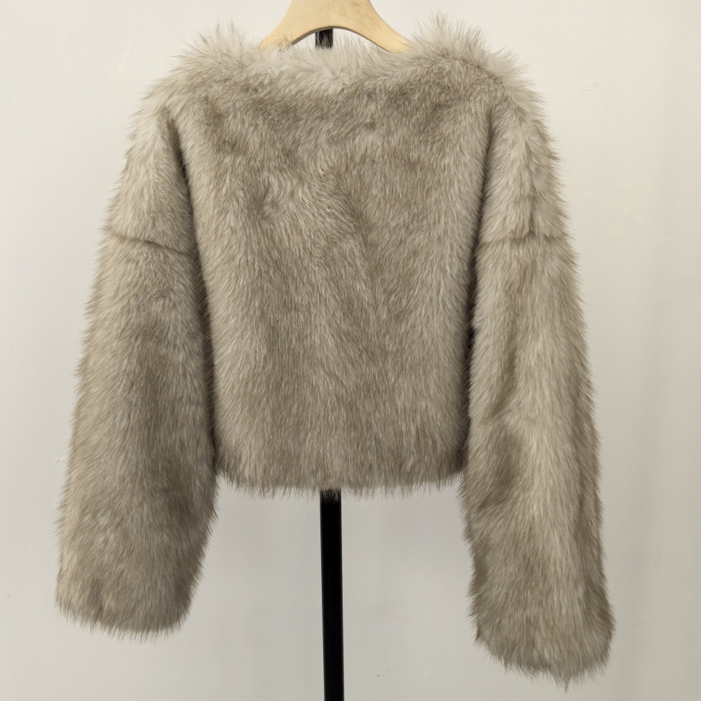 Damenbekleidung, umweltfreundlicher Kunstpelzmantel, kurze Winterjacke, weicher Plüsch, Rundhalsausschnitt, modische Oberbekleidung, benutzerdefinierte Farben (Weiß/Creme, Grau/Creme, Braun)_voghion.com