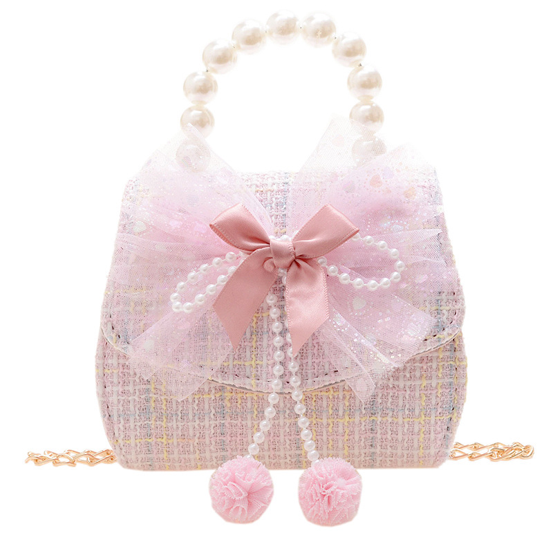 Bolsa de moda para niños 2021 otoño e invierno nuevo algodón y lino de lana estilo Chanel arco perla bolsa de mensajero portátil para niñas