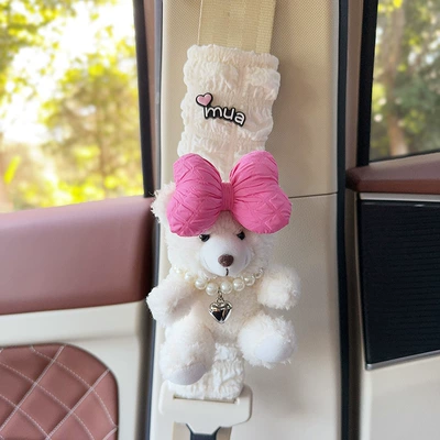 Car Seat Belt Anti-Leveler Shoulder Cover Plush Bear Car Creative Puff Belt Cover Car Interior Decoration Women (Seat belt shoulder pad) - white-necklace-bear-rose-red-bow-one-puff-plaid-shoulder-pad