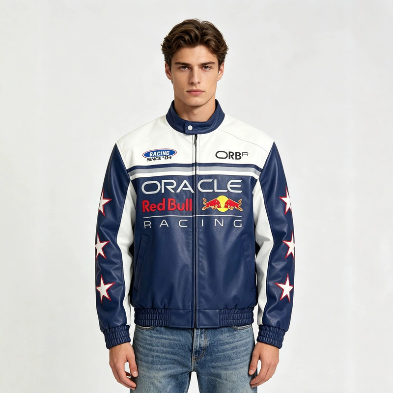 Full payment F1 blue and red leather jacket with elaborate embroidery, racing suit, PU leather jacket, couple's padded coat, customizable