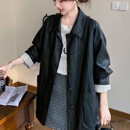 Black Retro Light Mature Style Leather Jacket for Women Spring and Autum New Style Casual Jacket for Small People