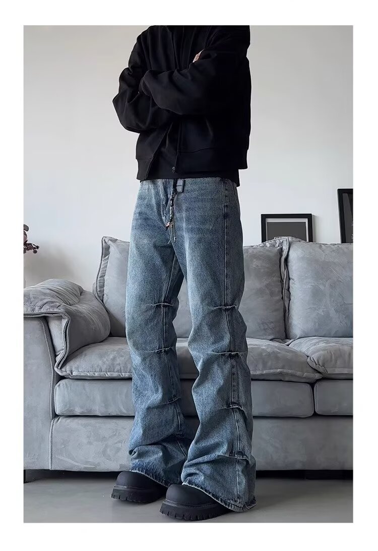 Men's Clothing high street side pleated design flared jeans loose distressed cleanfit wide leg trousers trend_voghion.com