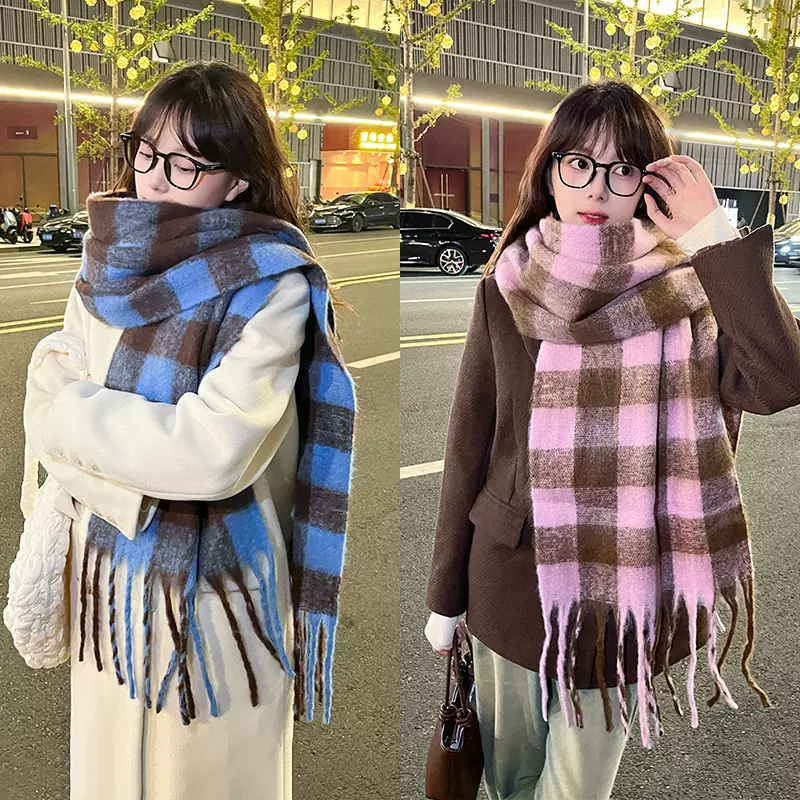 Winnie Lee虞书欣同款马海毛蓝咖格子围巾女冬季加厚保暖围脖披肩