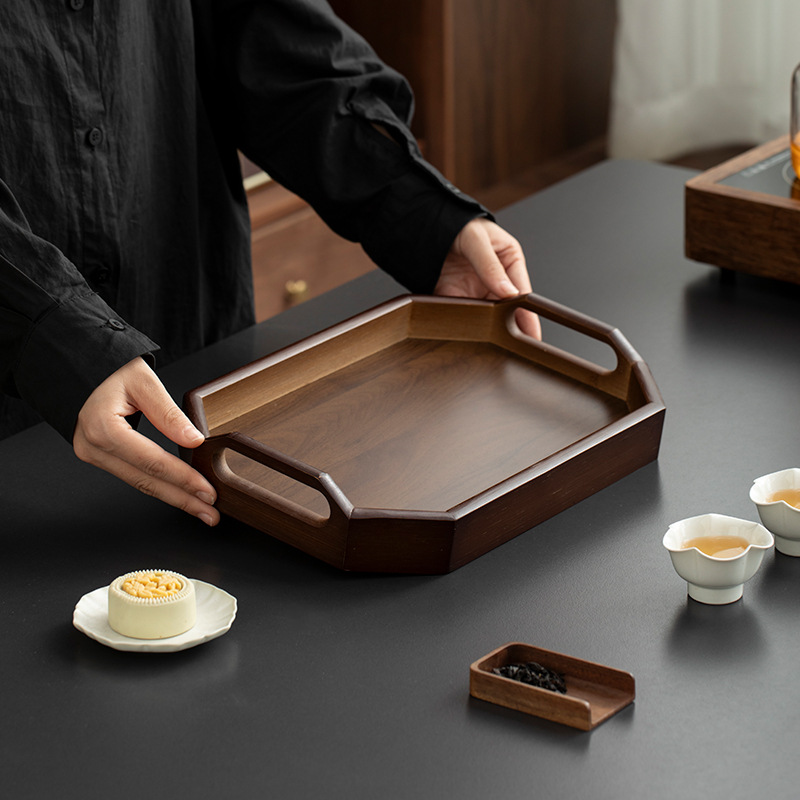 Simple Black Walnut Color Octagonal Handles Tray Multifunctional Tray Kitchen Living Room Tea Coffee Dessert Storage Tray