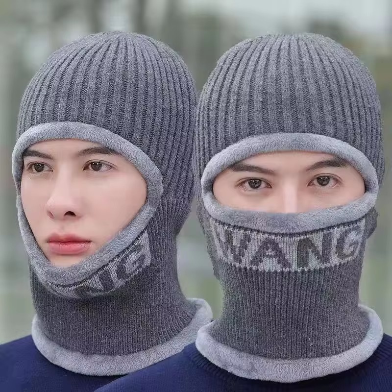 男士一体帽子秋冬季款保暖加绒加厚毛线帽冬天防风骑车连体套头帽|undefined