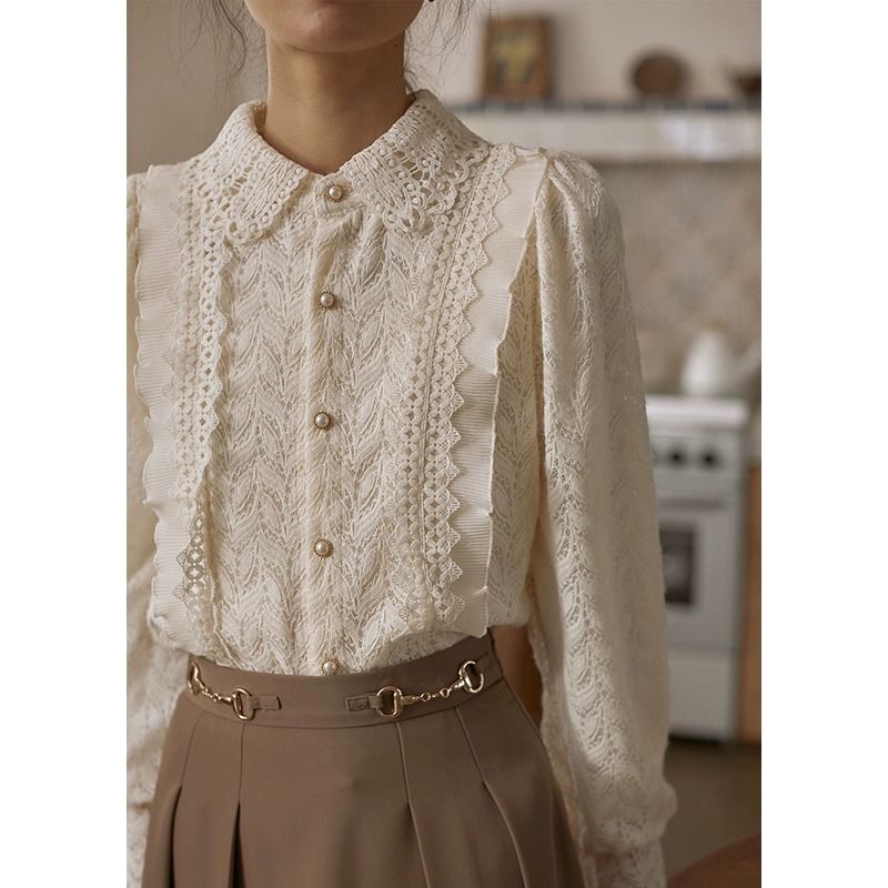Lace Shirt with Pearl Buttons for Women, Unique Design, French Retro Style, Turn-Down Collar, Elegant, Fleece-Lined Top for Spring and Autumn Lace Shirt with Pearl Buttons for Women, Unique Design, French Retro Style, Turn-Down Collar, Elegant, Fleece-Lined Top for Spring and Autumn