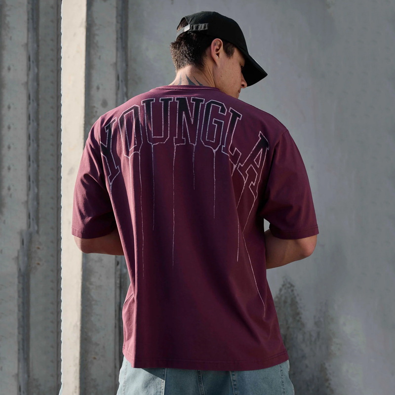 YOUNGLA men's oversized T-shirt cotton round neck loose short sleeve gym sports fitness T-shirt 240 fabric YOUNGLA men's oversized T-shirt cotton round neck loose short sleeve gym sports fitness T-shirt 240 fabric