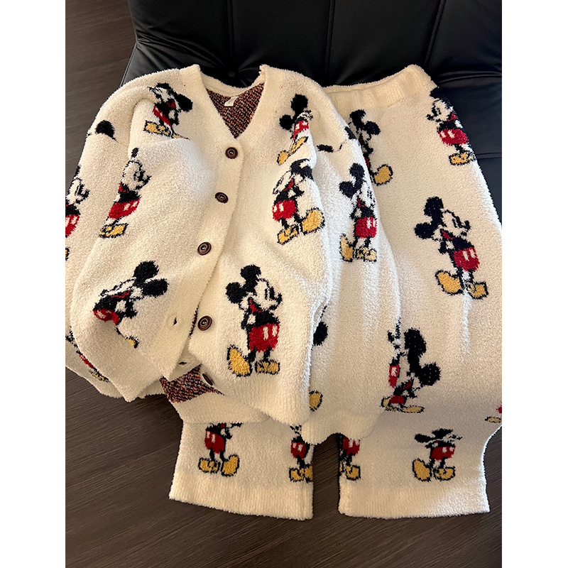 Sweet Girly Cartoon Mickey Print Half-Velvet Pajamas for Women, New Autumn and Winter Warm Thickened Home Wear Set